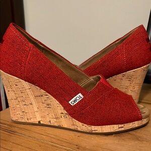 TOMS Red Canvas Wedge Sandals